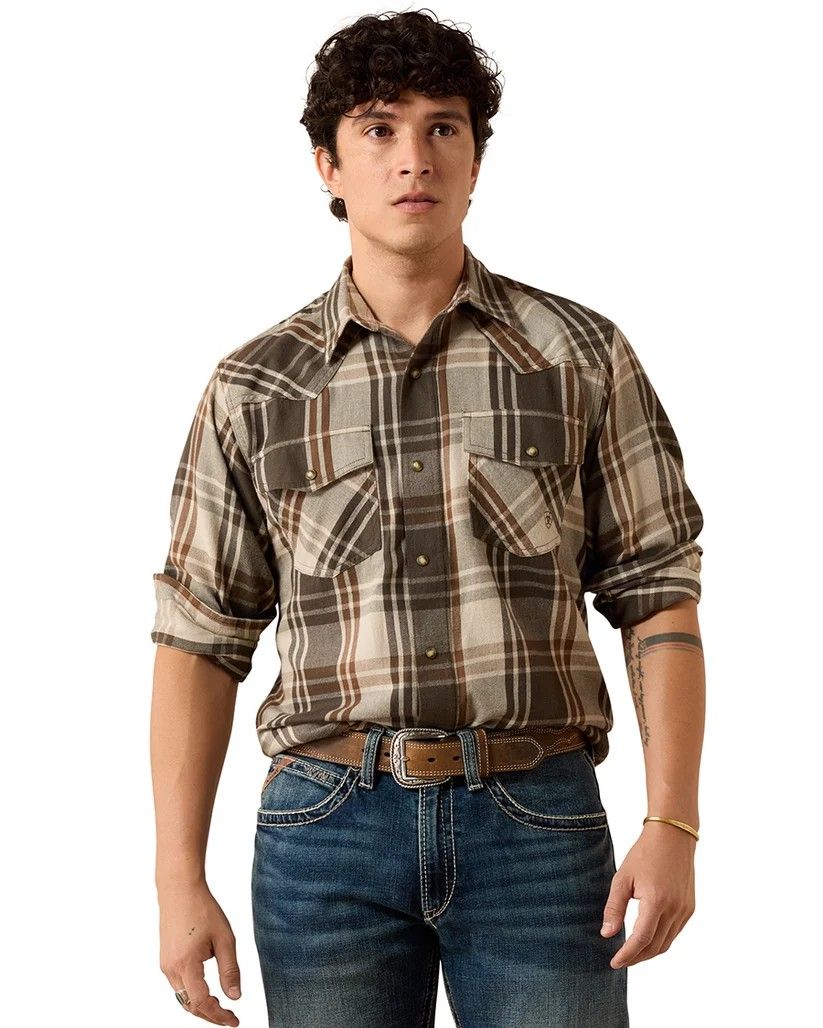 ARIAT MEN'S LONG SLEEVE RETRO HOWELL FITTED PEARL SNAP SHIRT - DUSKY GREEN PLAID