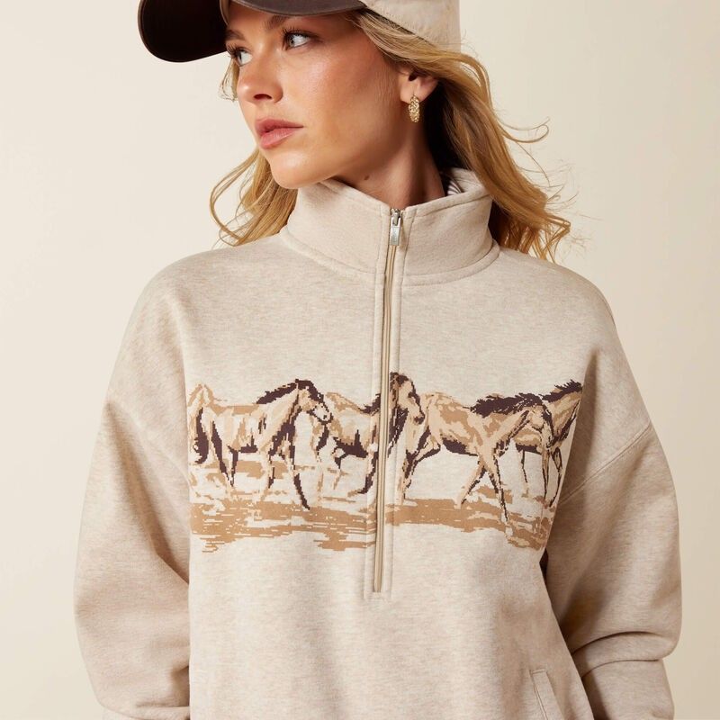 ARIAT WOMEN'S RUNNING WILD 1/2 ZIP SWEATSHIRT - OATMEAL HEATHER