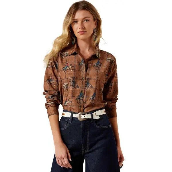 ARIAT WOMEN'S LONG SLEEVE HOMESTYLE BUTTON SHIRT - GLEN PLAID RODEO