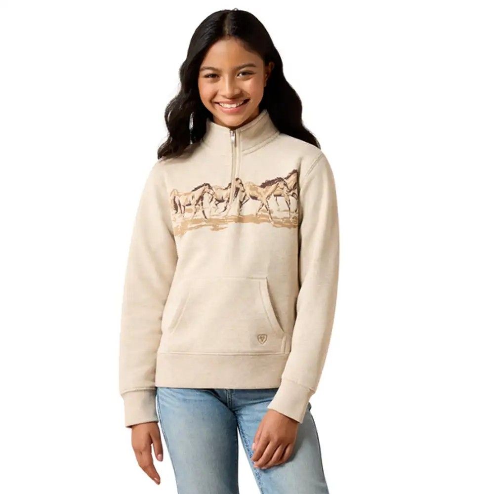 ARIAT GIRLS' RUNNING WILD 1/4 ZIP SWEATSHIRT - OATMEAL HEATHER