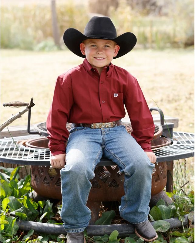 CINCH BOYS' LONG SLEEVE STRIPE SHIRT - BURGUNDY