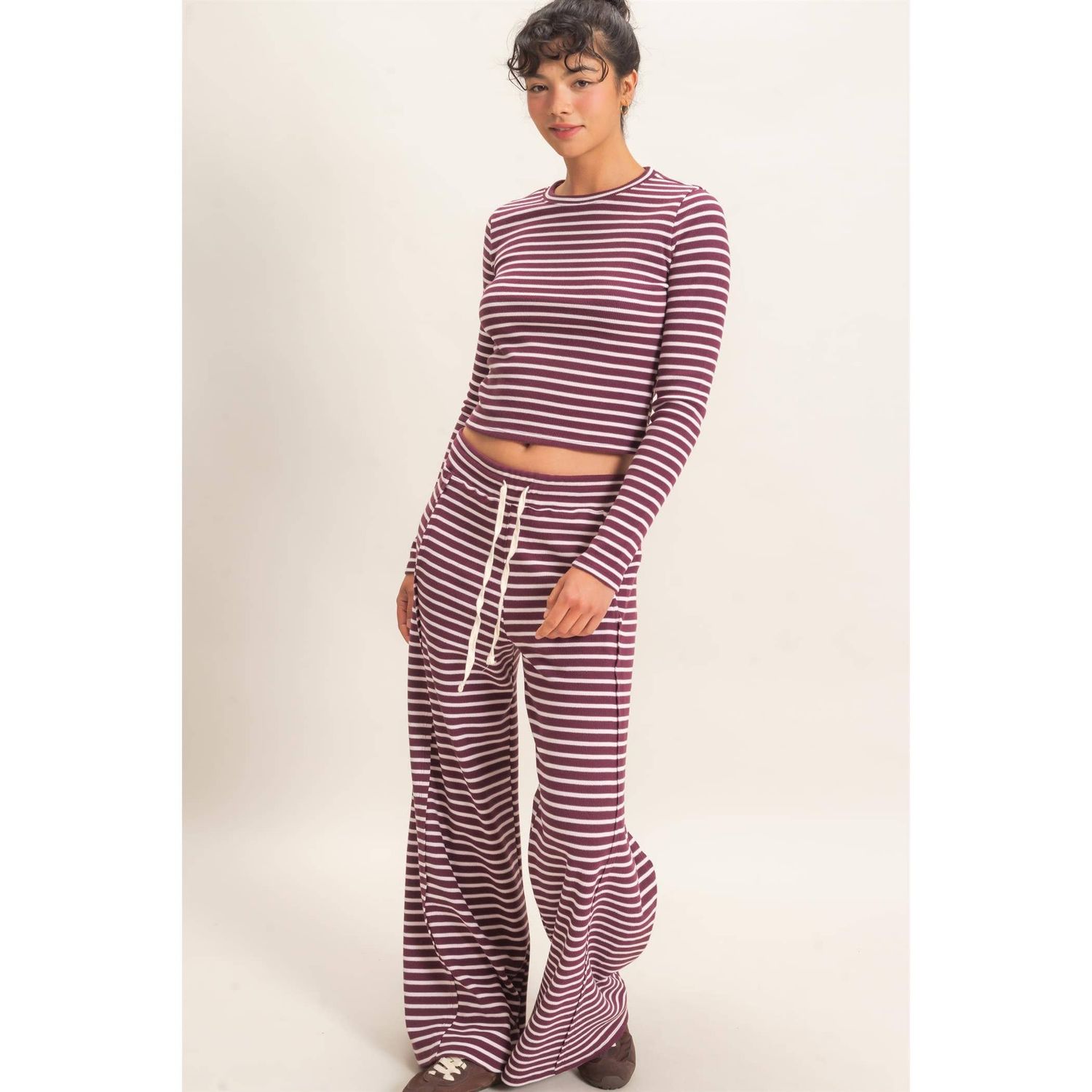 DOUBLE ZERO WOMEN'S LONG SLEEVE STRIPED WAFFLE SET - DARK CHERRY, COLOR: DARK CHERRY, SIZE: SMALL