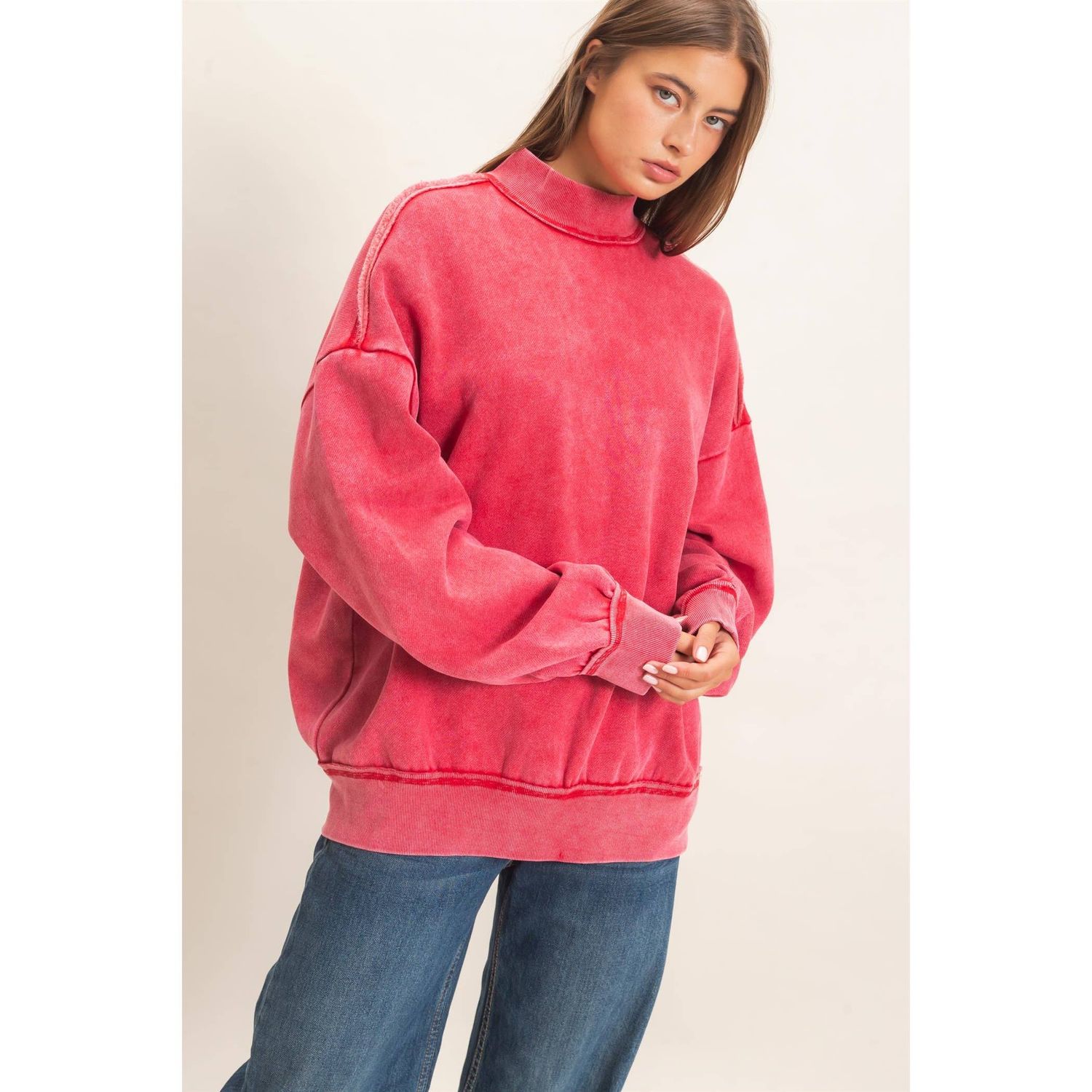 DOUBLE ZERO WOMEN'S ACID WASH MOCK NECK SWEATSHIRT - RED, COLOR: RED, SIZE: SMALL