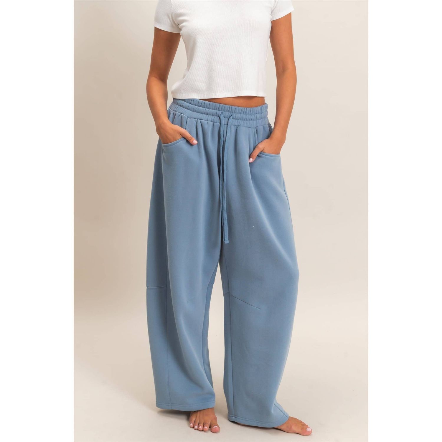 DOUBLE ZERO WOMEN'S DRAWSTRING BARREL SWEATPANTS - DUSTY BLUE, COLOR: DUSTY BLUE, SIZE: SMALL