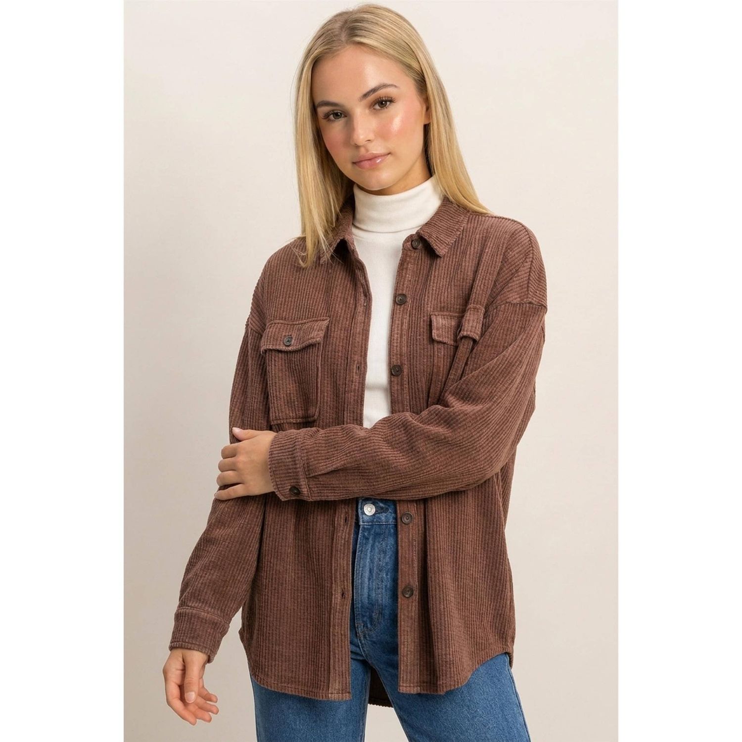 DOUBLE ZERO WOMEN'S MINERAL WAFFLE KNIT SHACKET - DARK BROWN, COLOR: DARK BROWN, SIZE: SMALL