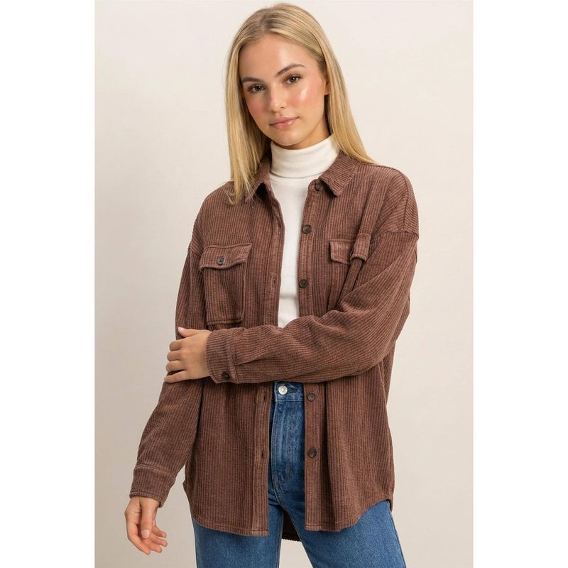 DOUBLE ZERO WOMEN'S MINERAL WAFFLE KNIT SHACKET - DARK BROWN