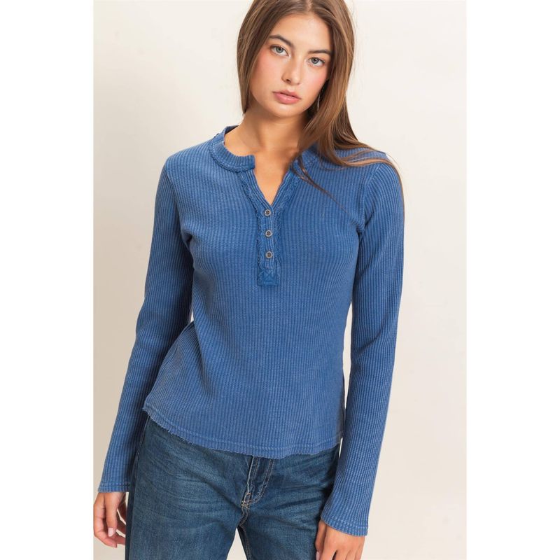 DOUBLE ZERO WOMEN'S LONG SLEEVE MINERAL WASH HENLEY SHIRT - DARK TAUPE