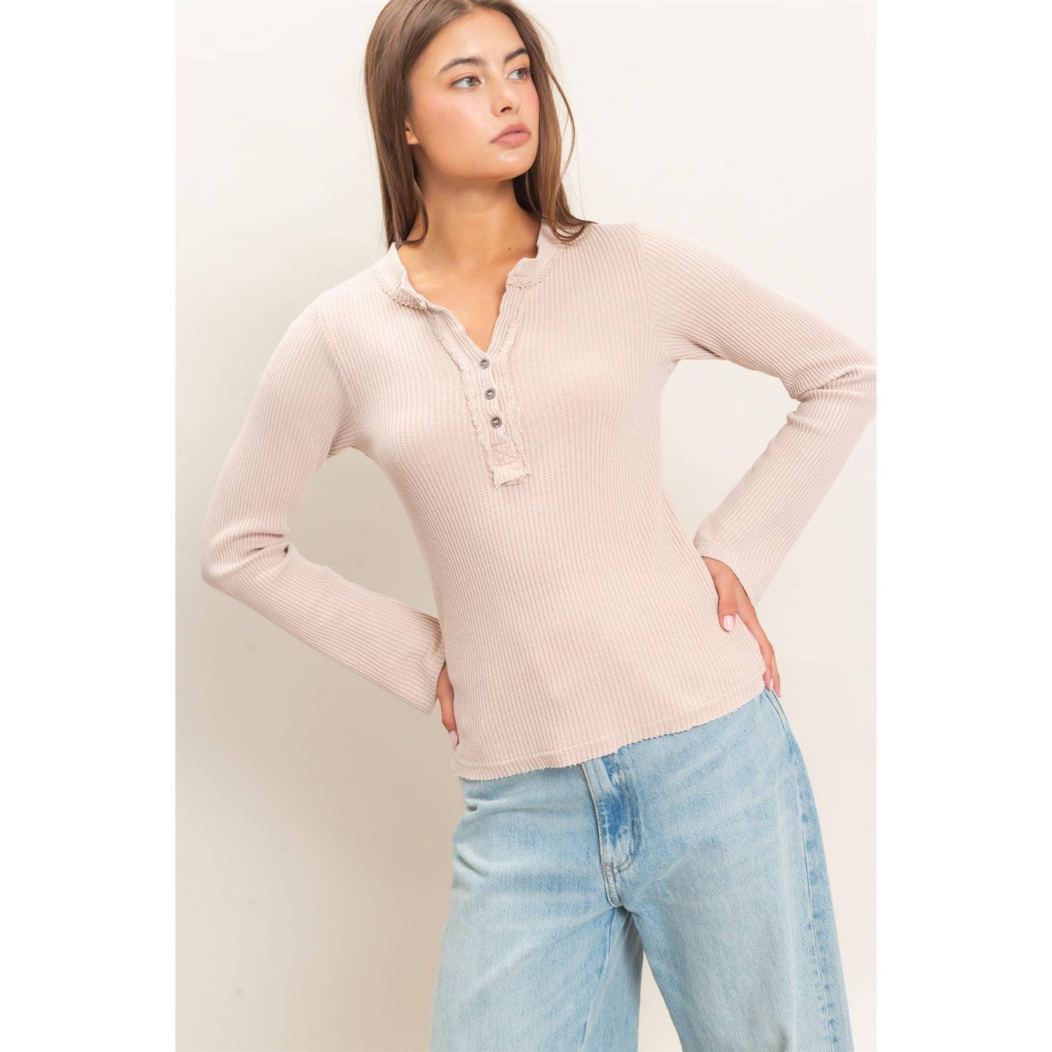 DOUBLE ZERO WOMEN'S LONG SLEEVE MINERAL WASH HENLEY SHIRT - DARK TAUPE, COLOR: DARK TAUPE, SIZE: SMALL