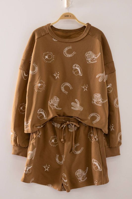 VERY J WOMEN'S 2 PIECE WESTERN PRINT LOUNGE SET - CHOCO