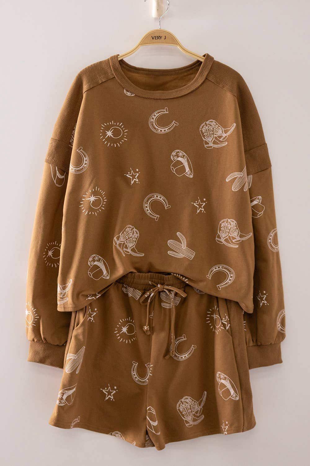 VERY J WOMEN'S 2 PIECE WESTERN PRINT LOUNGE SET - CHOCO, COLOR: CHOCO, SIZE: SMALL