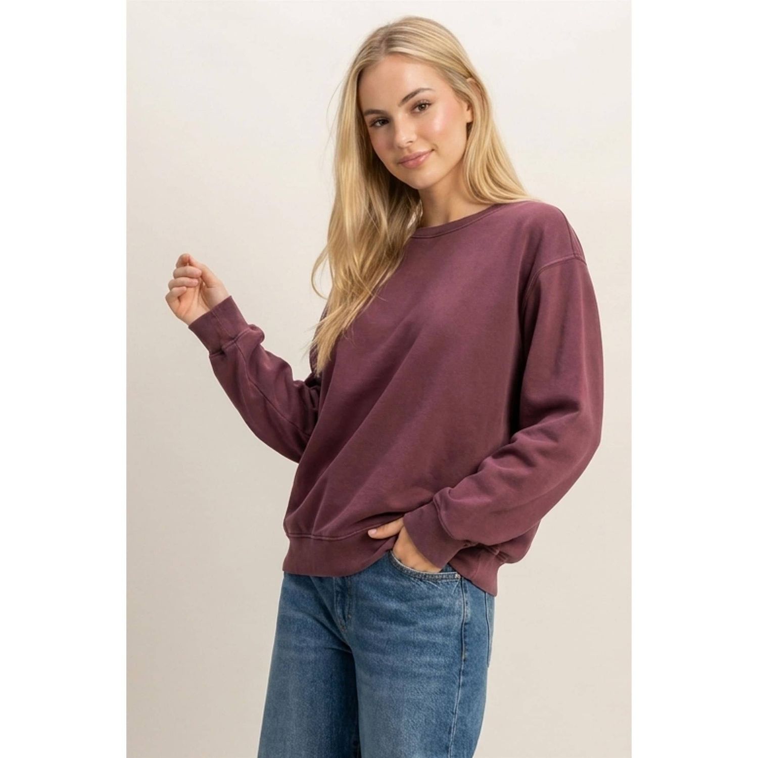 DOUBLE ZERO WOMEN'S MINERAL WASH CREW NECK SWEATSHIRT - DARK CHERRY, COLOR: DARK CHERRY, SIZE: SMALL