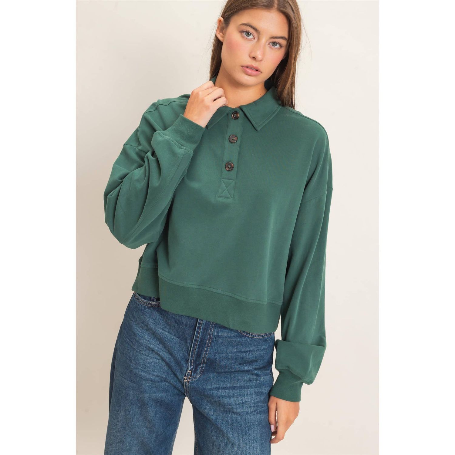 DOUBLE ZERO WOMEN'S WASHED BUTTON COLLAR SWEATSHIRT - DARK GREEN, COLOR: DARK GREEN, SIZE: SMALL