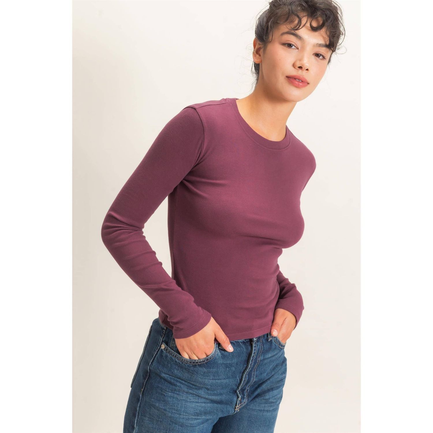 DOUBLE ZERO WOMEN'S LONG SLEEVE CREW NECK SHIRT - DARK CHERRY, COLOR: DARK CHERRY, SIZE: SMALL