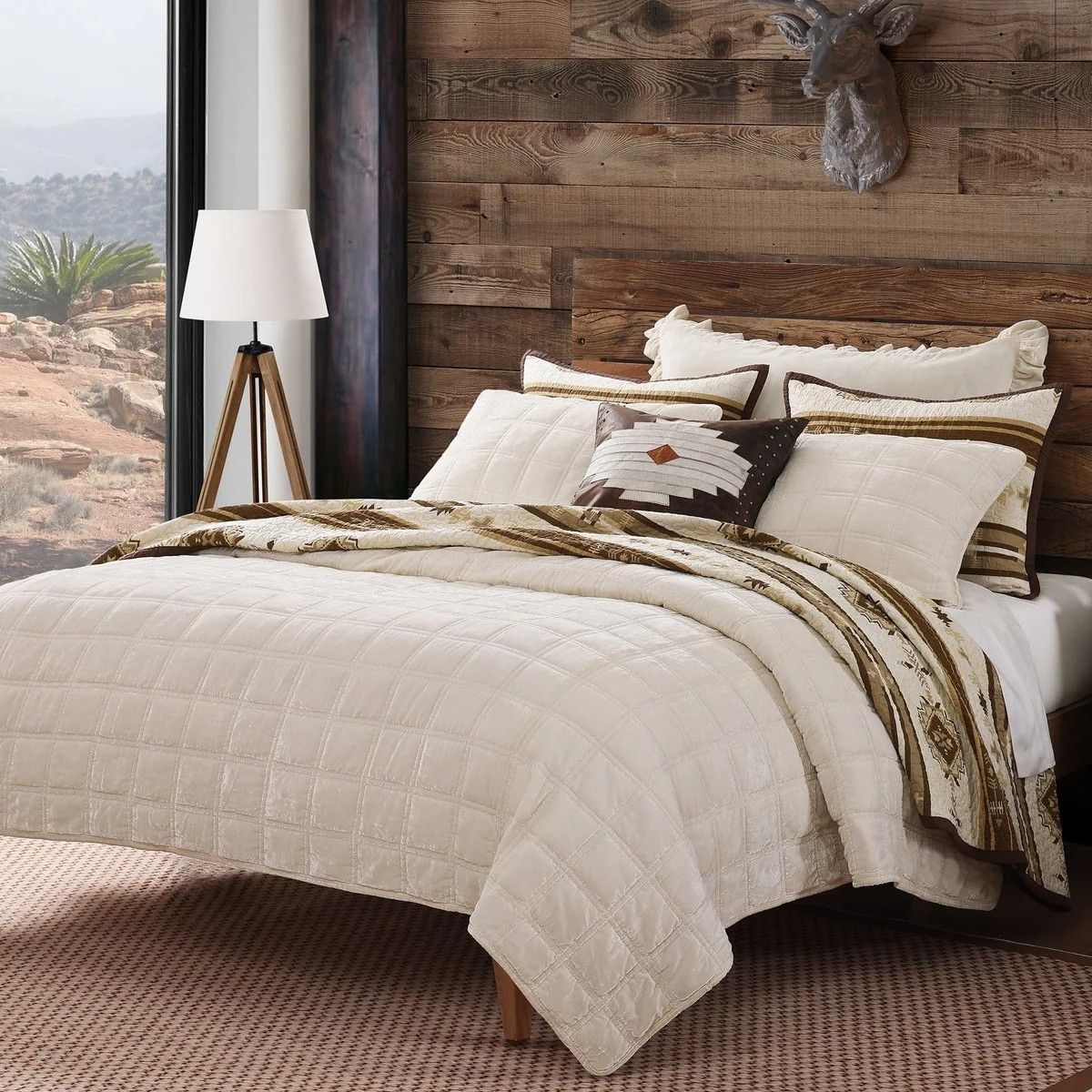 PASEO ROAD STELLA FAUX SILK VELVET DOUBLE BOX STITCH QUILT SET - FULL/QUEEN STONE