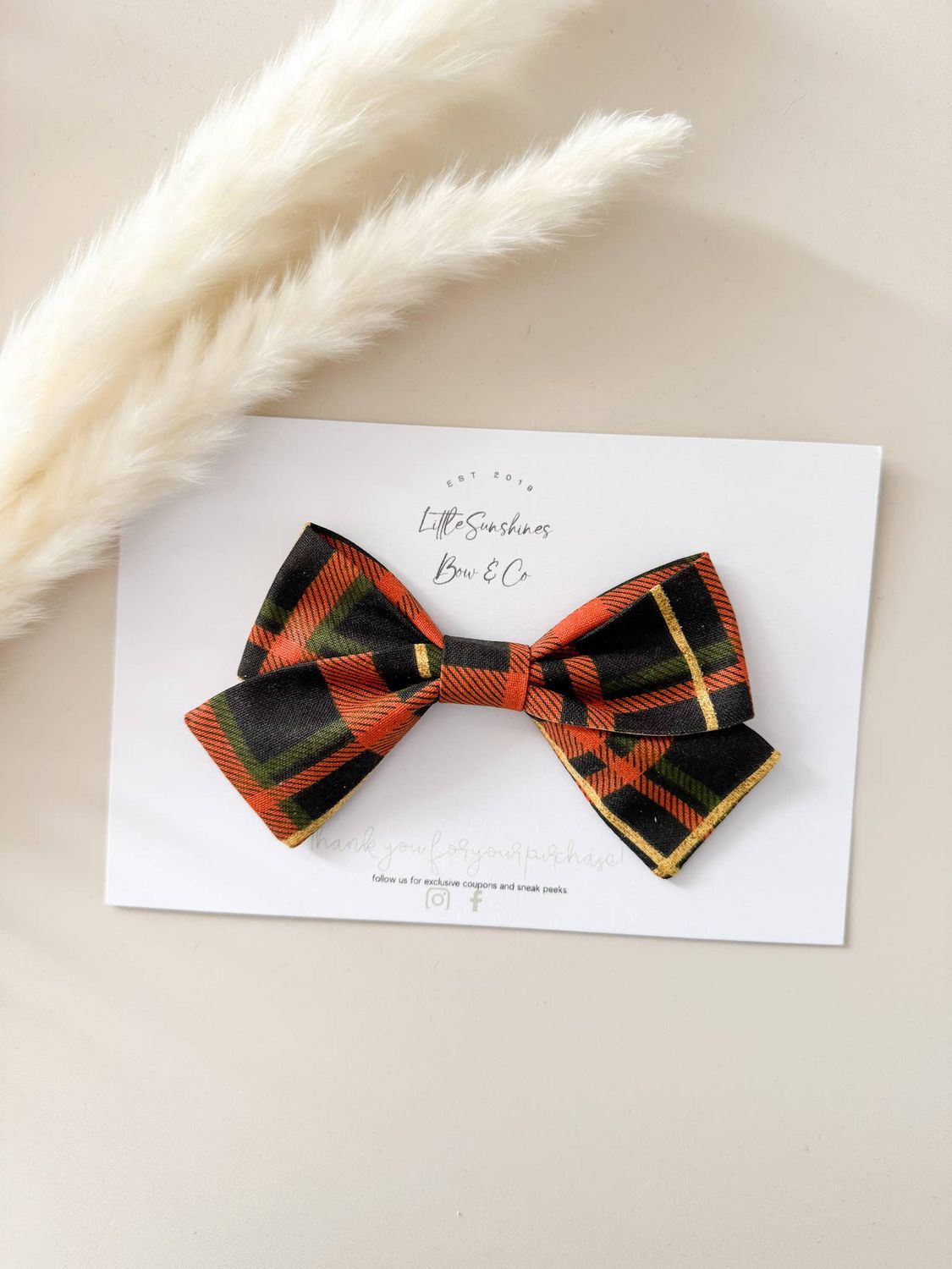 LITTLE SUNSHINES BOW &amp; CO - ORANGE, FOREST GREEN &amp; GOLD PLAID FALL PINWHEEL HAIR BOW