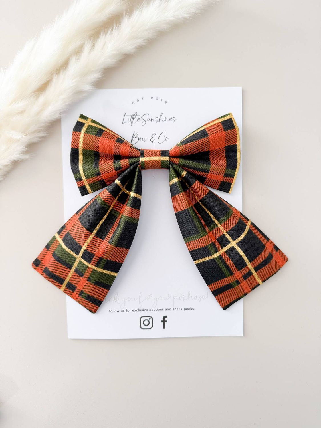 LITTLE SUNSHINES BOW &amp; CO - ORANGE, FOREST GREEN &amp; GOLD PLAID FALL SAILOR BOW