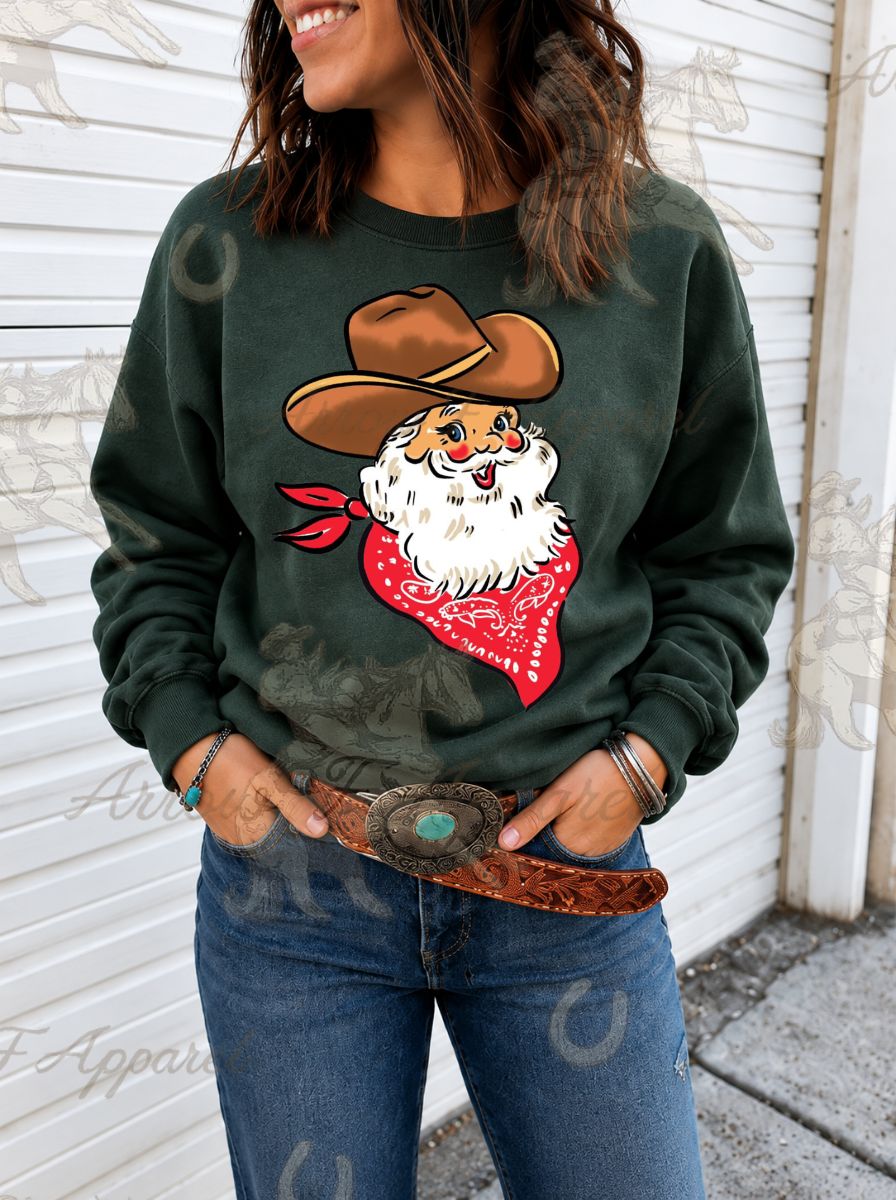 WOMEN'S CATTLEMAN CHRISTMAS SANTA CREWNECK SWEATSHIRT - FOREST GREEN