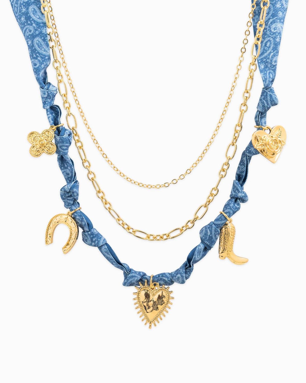 3 LAYERED WESTERN DENIM BANDANA SCARF NECKLACE, COLOR: Blue
