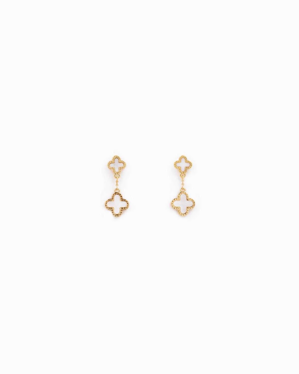 MOTHER OF PEARL DOUBLE CLOVER DROP EARRINGS, COLOR: Gold White