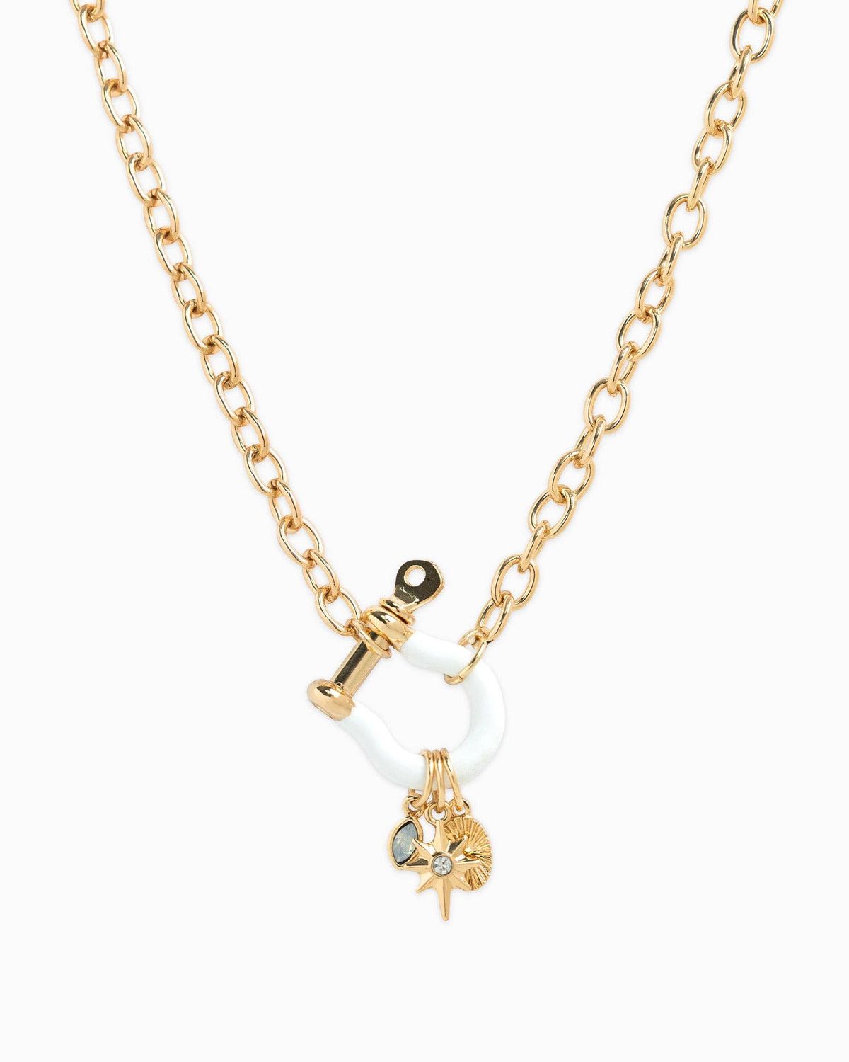 ENAMEL HORSEBIT CARABINER 3 CHARM NECKLACE, COLOR: White