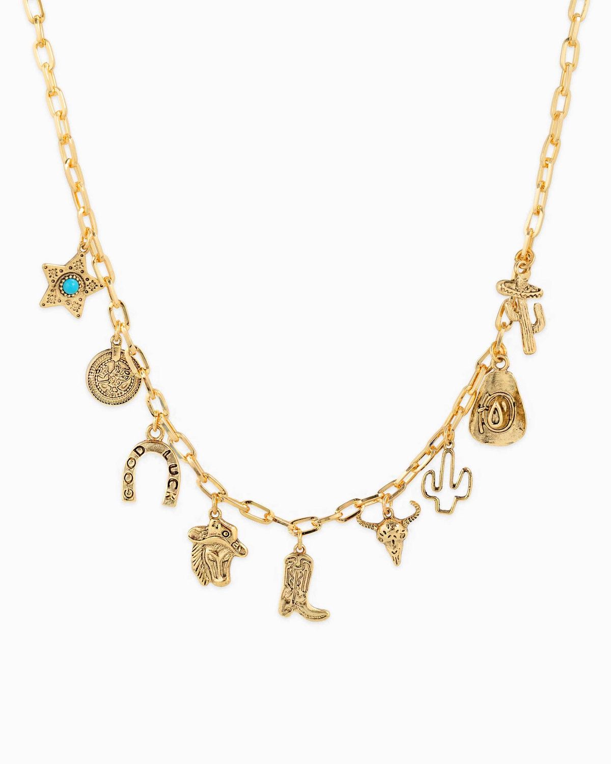 ANTIQUE MULTI CHARM WESTERN NECKLACE, COLOR: Gold