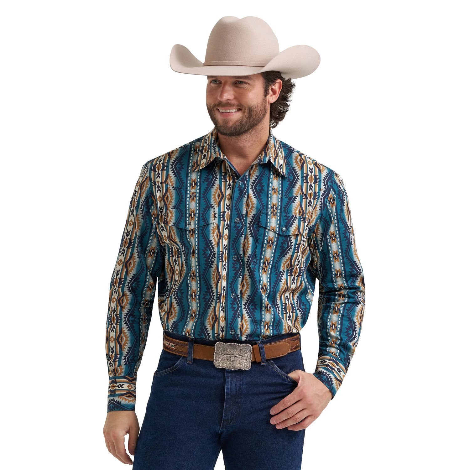WRANGLER MEN'S LONG SLEEVE CHECOTAH PEARL SNAP SHIRT - TEAL/BROWN