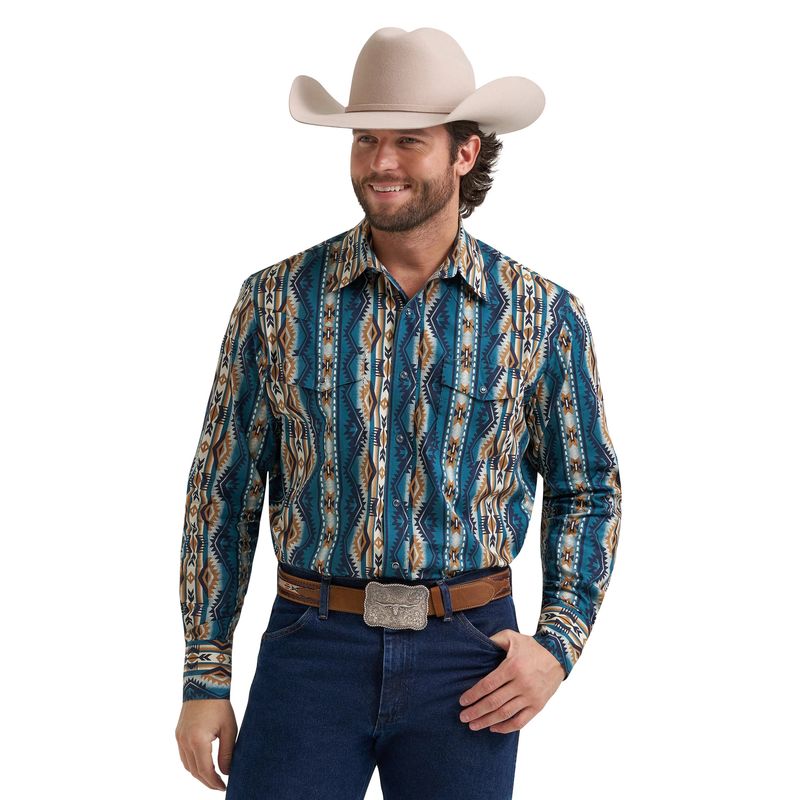 WRANGLER MEN'S LONG SLEEVE CHECOTAH PEARL SNAP SHIRT - TEAL/BROWN