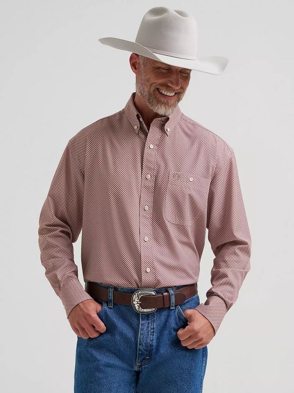 WRANGLER MEN'S LONG SLEEVE GEORGE STRAIT PERFORMANCE 1-PKT BUTTON SHIRT - RUST