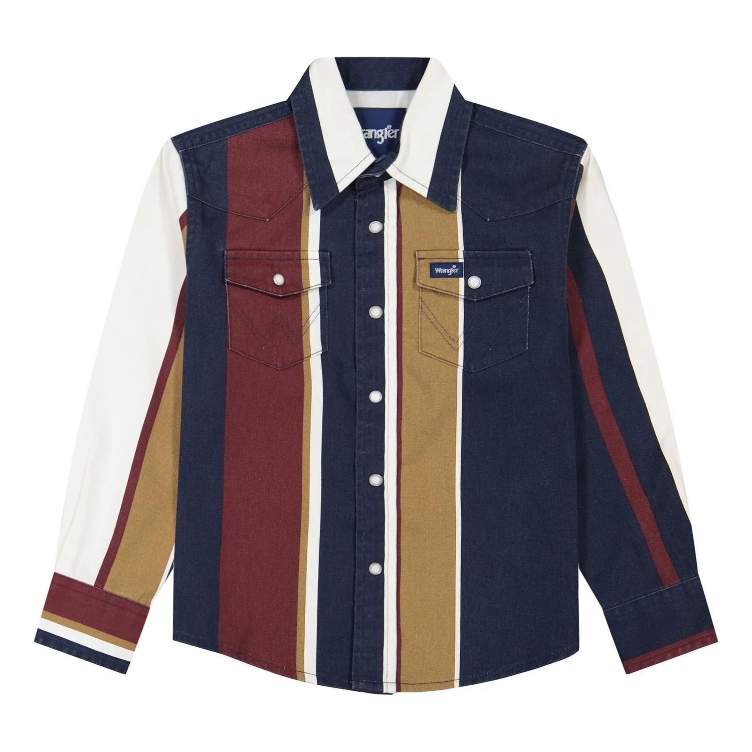 WRANGLER BOYS' LONG SLEEVE VINTAGE INSPIRED BRUSHPOPPER PEARL SNAP SHIRT - NAVY MULTI