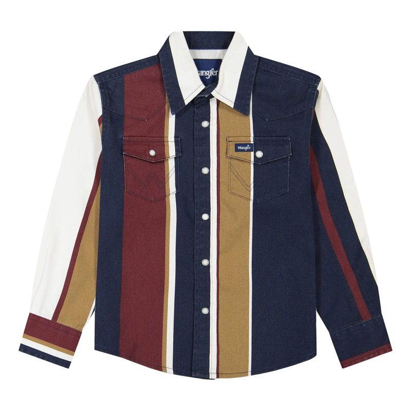 WRANGLER BOYS' LONG SLEEVE VINTAGE INSPIRED BRUSHPOPPER PEARL SNAP SHIRT - NAVY MULTI