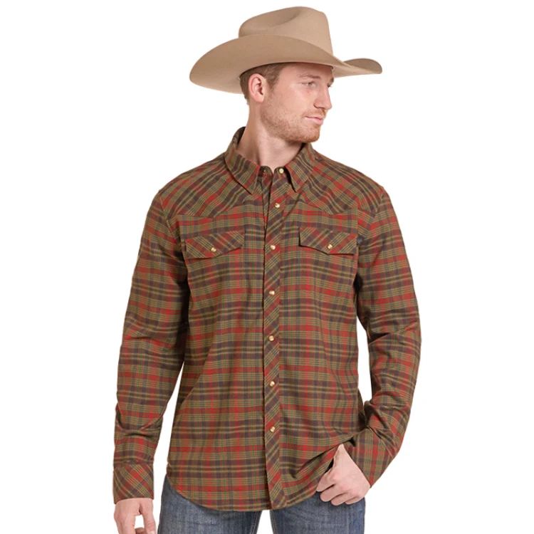 ROCK &amp; ROLL DENIM MEN'S LONG SLEEVE TEK PLAID STRETCH FLANNEL SNAP SHIRT - OLIVE