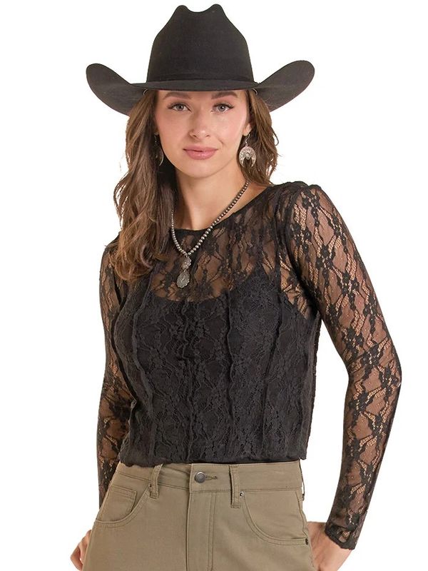 ROCK &amp; ROLL DENIM WOMEN'S LONG SLEEVE LACE MESH SHIRT - BLACK