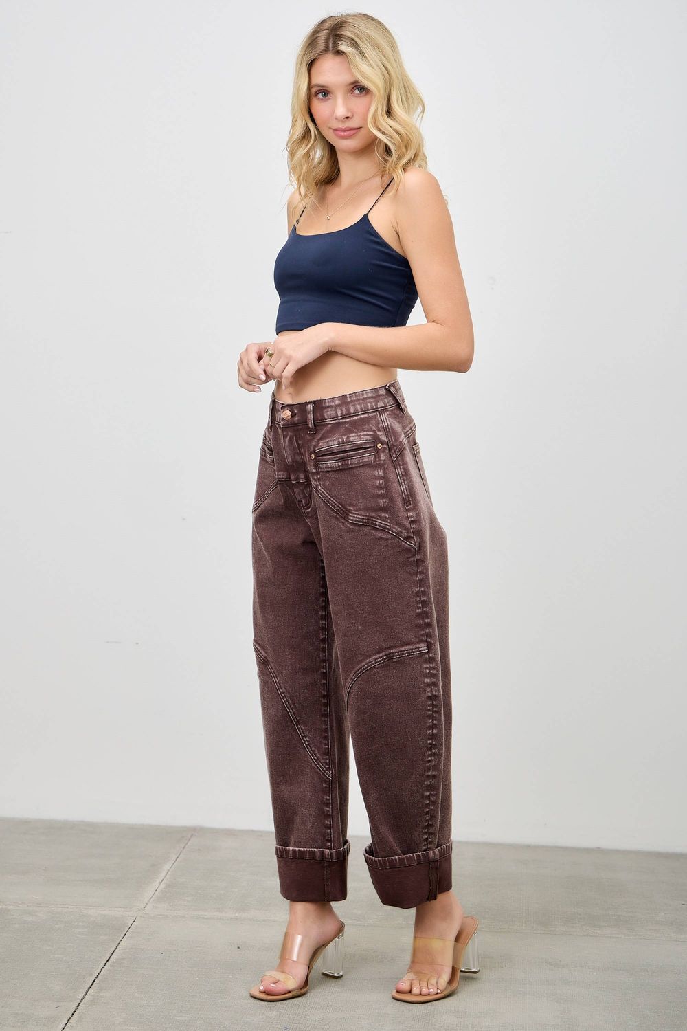 WOMEN'S HIGH RISE WESTERN BARREL JEAN - BROWN, COLOR: Brown, SIZE: SMALL