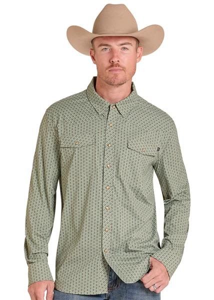 ROCK &amp; ROLL DENIM MEN'S LONG SLEEVE TEK CORE AZTEC STRIPE PRINT PEARL SNAP SHIRT - MOSS GREEN