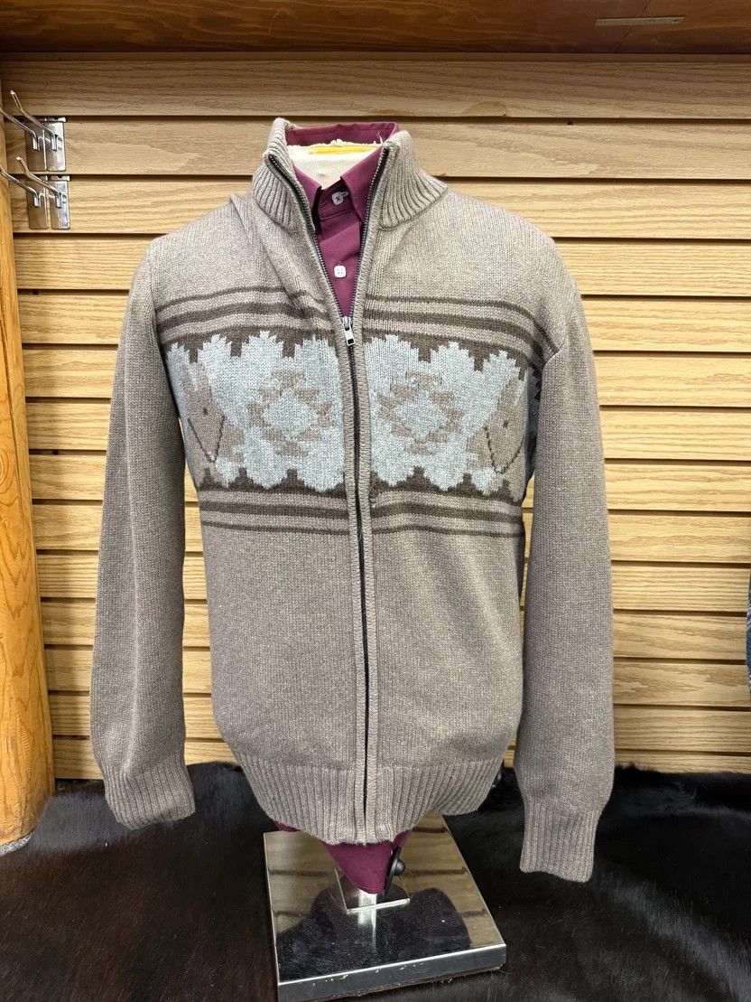 STETSON MEN'S SERAPE HORSE BORDER FULL ZIP SWEATER - BROWN