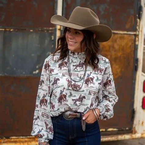 WOMEN'S LONG SLEEVE OLE WEST COWBOYS MOCK NECK BLOUSE - WESTERN WHITE