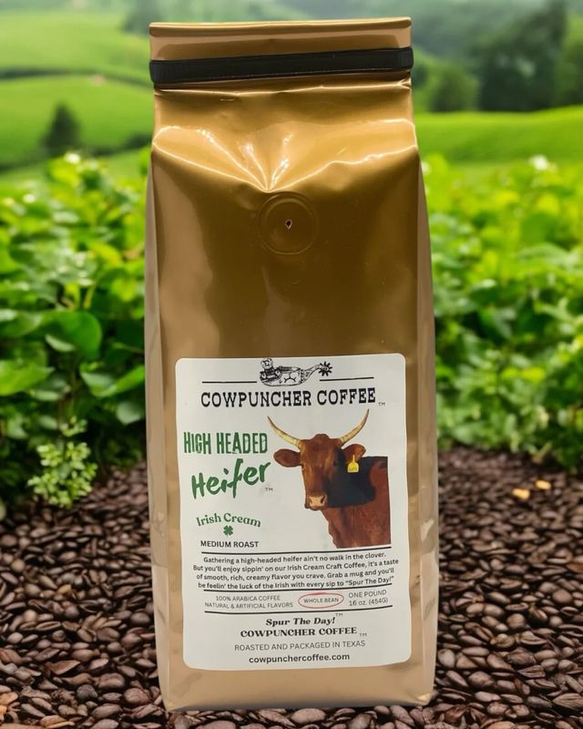 COWPUNCHER COFFEE "HIGH HEADED HEIFER" WHOLE BEAN MEDIUM ROAST COFFEE - IRISH CREAM