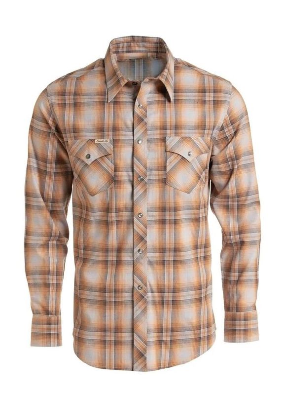 PANHANDLE SLIM MEN'S LONG SLEEVE BRUSHED PLAID FLANNEL PEARL SNAP SHIRT - CAMEL