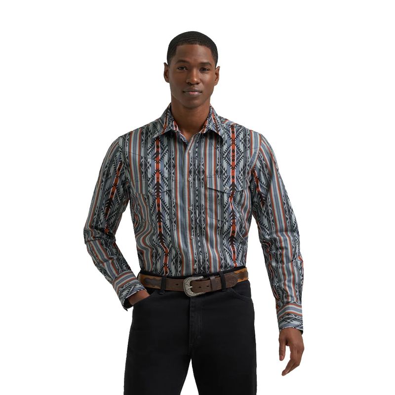 WRANGLER MEN'S LONG SLEEVE CHECOTAH DRESS PEARL SNAP SHIRT - GREY/ORANGE