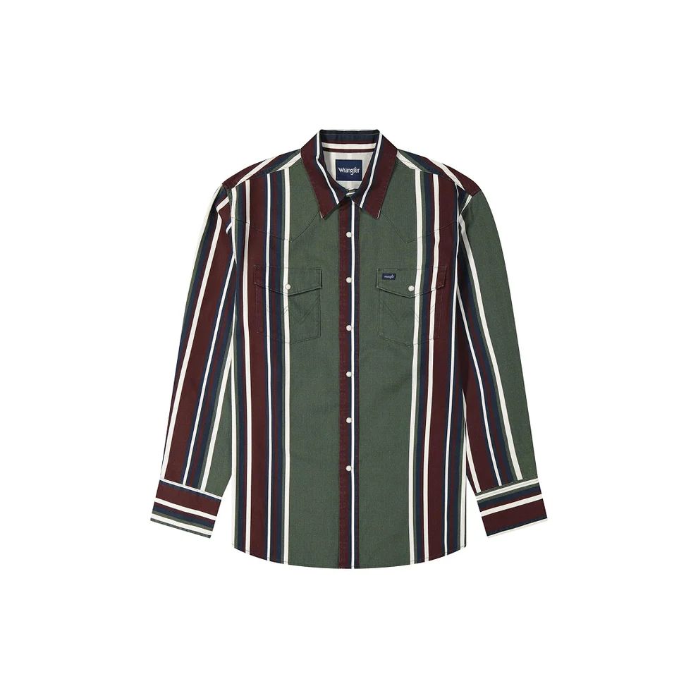 WRANGLER MEN'S LONG SLEEVE VINTAGE INSPIRED BRUSHPOPPER PEARL SNAP SHIRT - GREEN MULTI