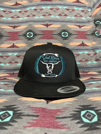 WEST RIVER HAT CO. FEATHER AND ARROW SNAPBACK TRUCKER CAP - BLACK/TURQUOISE