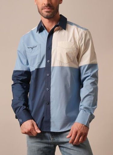 KIMES MEN'S LONG SLEEVE ZT BLOCK PARTY BUTTON SHIRT - MID BLUE