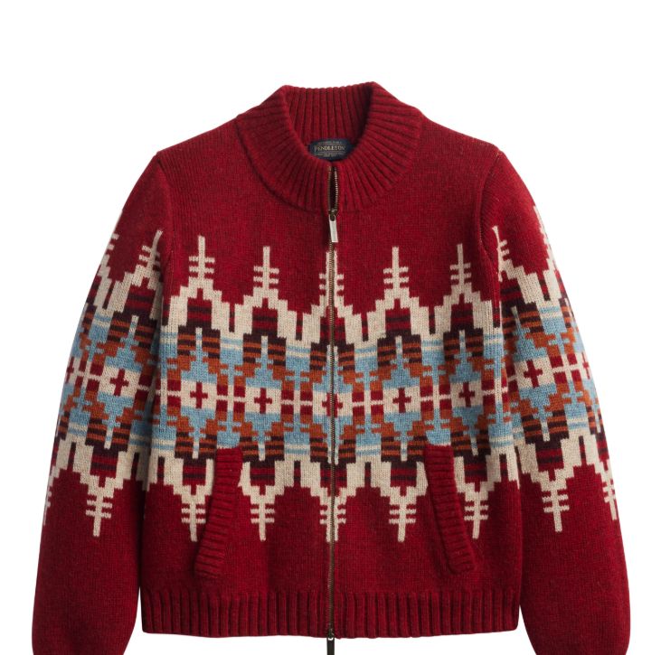 PENDLETON WOMEN'S GRAPHIC WOOL ZIP-UP CARDIGAN - CHILI RED MULTI