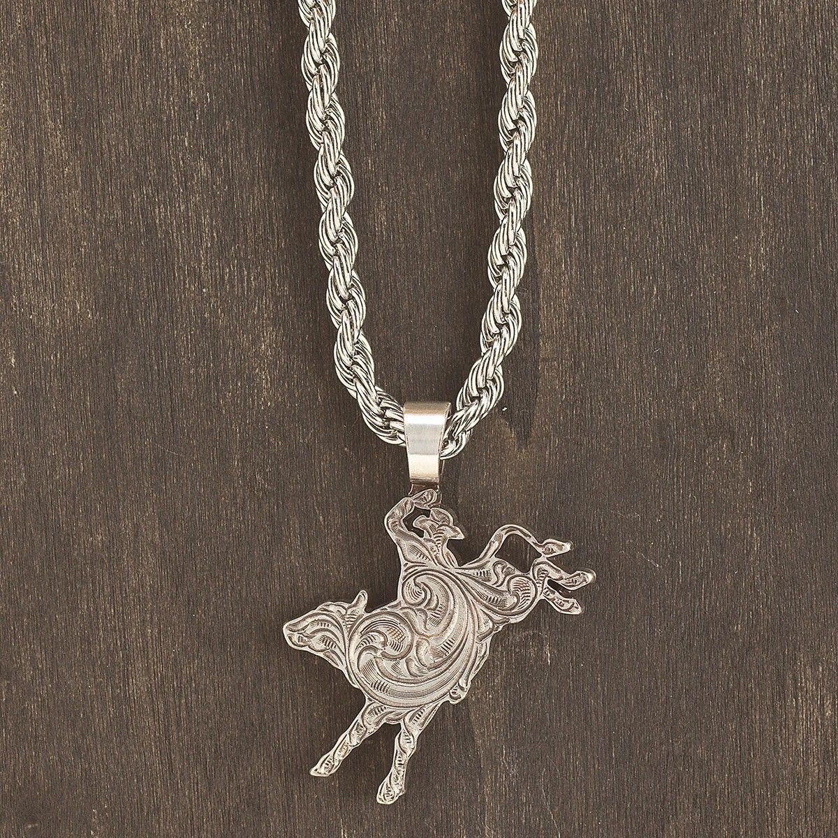 SILVER STRIKE 24" ENGRAVED BULL RIDER NECKLACE