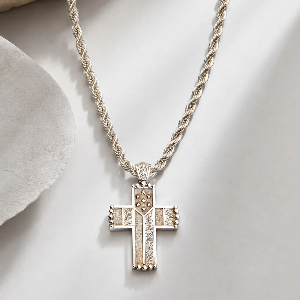 SILVER STRIKE 24" FLAG CROSS NECKLACE