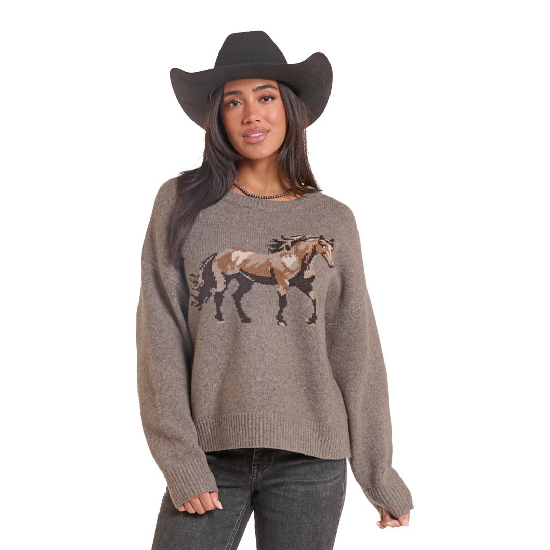 ROCK &amp; ROLL WOMEN'S HEATHERED HORSE SWEATER - TAUPE