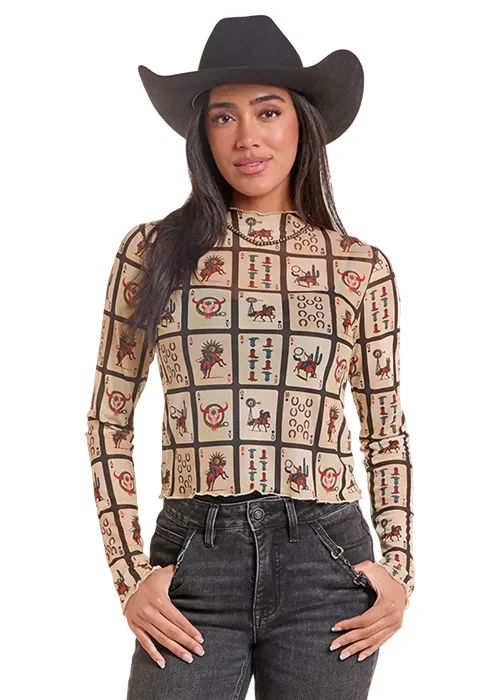 ROCK &amp; ROLL WOMEN'S LONG SLEEVE PLAYING CARDS MESH SHIRT - BLACK