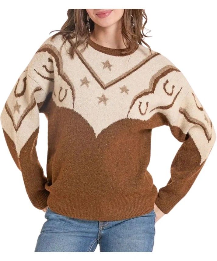 PANHANDLE SLIM WOMEN'S HORSESHOE SWIRL SWEATER - BROWN
