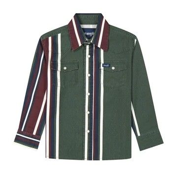 WRANGLER BOYS' LONG SLEEVE VINTAGE BRUSHPOPPER PEARL SNAP SHIRT - GREEN MULTI STRIPE