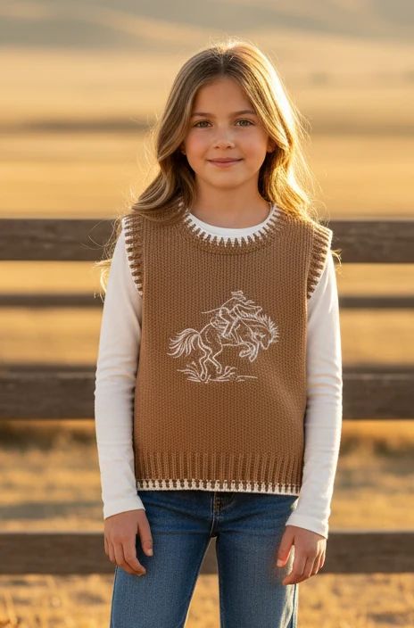 TWISTED FILLY GIRLS' BUCKING HORSE SWEATER VEST - BROWN